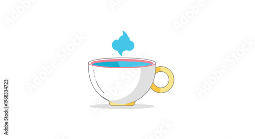 A stylized minimalist illustration of a white ceramic teacup filled with blue liquid, emitting a bright blue vapor cloud against a stark white