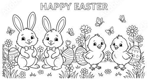 a4 colouring page bunny painting an easter egg. ready to print on standard A4 paper.