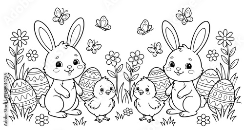 a4 colouring page bunny painting an easter egg. ready to print on standard A4 paper.
