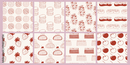 Set of seamless vector patterns with hand drawn dessert items. Fruit pie, macarons, vienna waffles, eclair, strudel, mille feuille. Minimalist pastry red line on beige. For bakery, food packaging