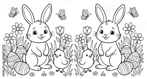 a4 colouring page bunny painting an easter egg. ready to print on standard A4 paper.
