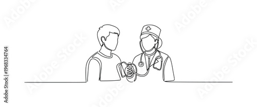 Regular Checkups. Minimalistic one-line drawing individual at clinic for routine health exam, continuous single black line on white background, simple outline