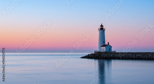 Coastal lighthouse structure at dusk with calm water and colorful sky reflecting in the sea