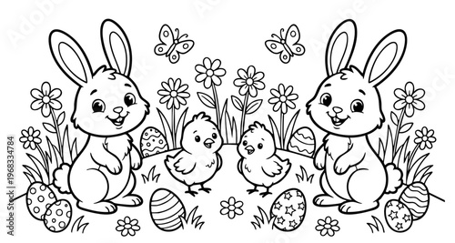 a4 colouring page bunny painting an easter egg. ready to print on standard A4 paper.