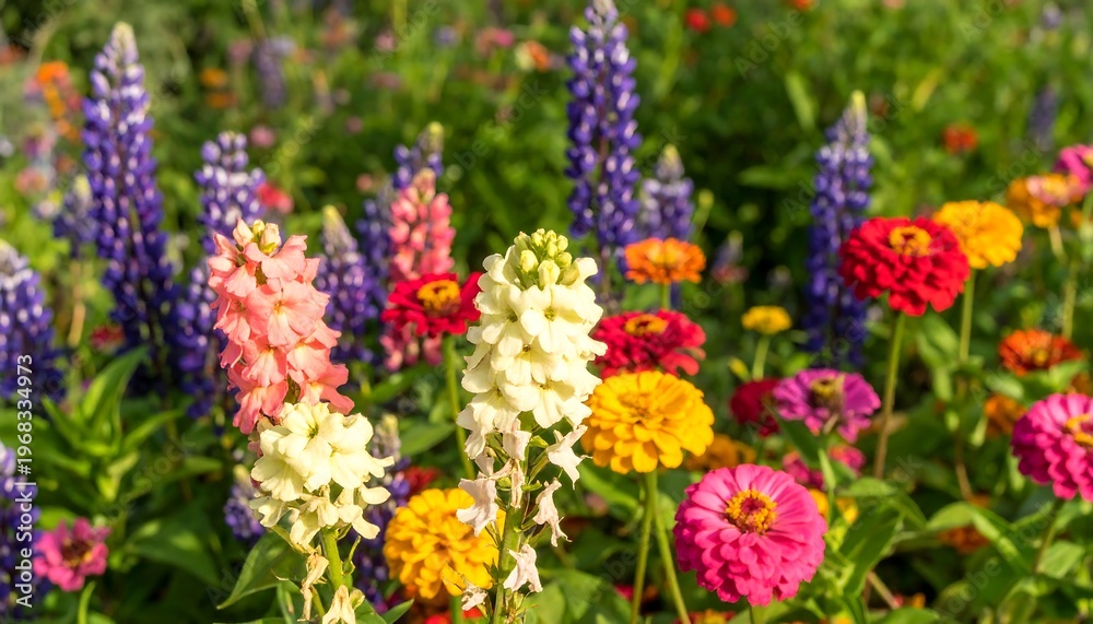 Obraz premium Close-up shot of a vibrant garden in bloom. Various colorful flowers in a mix of shapes and shades fill the frame