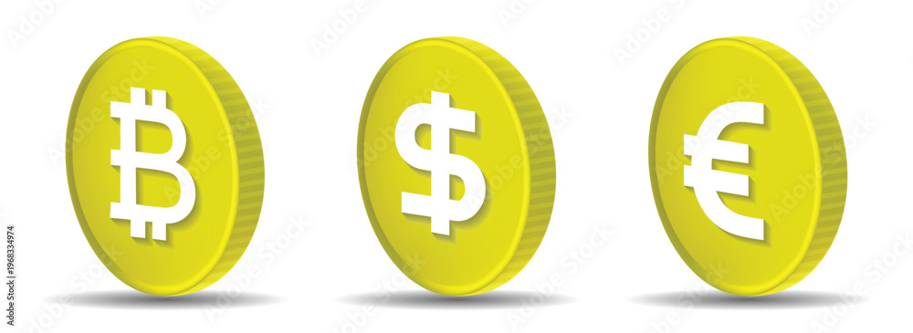 Obraz premium 3d cryptocurrency and currency coins bitcoin dollar euro vector illustration