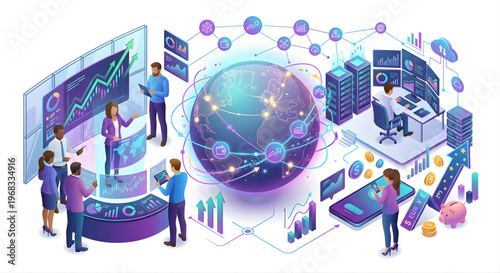 3D isometric vector illustration of global investment and fintech ecosystem