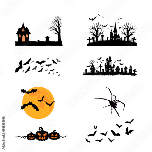 Spooky Bird Silhouette Set – Crow, Owl and Bats Halloween Vector Collection