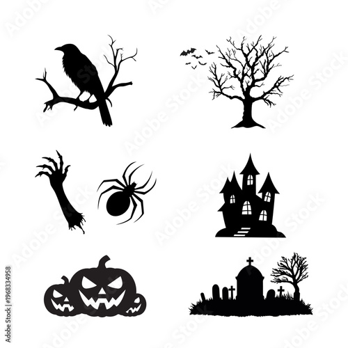 Halloween Silhouette Icon Set – Witch, Bats, Crow, Tree and Spooky Elements Vector Collection