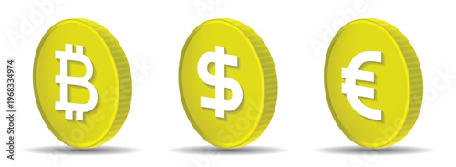 3d cryptocurrency and currency coins bitcoin dollar euro vector illustration