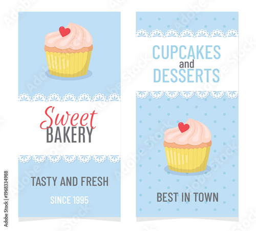 Set of Bakery flyer templates with yellow muffin on blue background. Cupcake pastry shop poster, banner design. Vector illustration