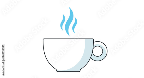 A stylized illustration of a white teacup with wisps of blue steam rising upwards, evoking warmth and comfort