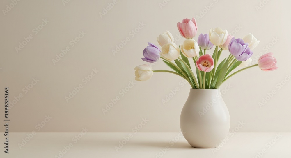 Fototapeta premium Colorful tulip flowers in white vase on a table studio shot with copy space