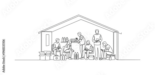 Crisis Shelter. Minimalistic one-line drawing people inside building with emergency supplies, continuous single black line on white background, simple outline