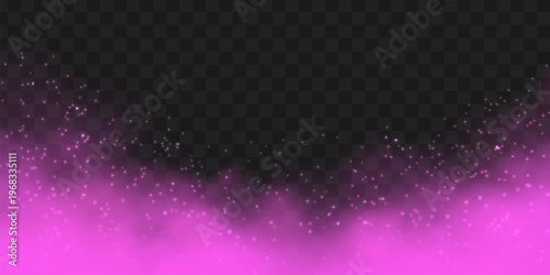 Vivid magic pink smoke cloud with shiny shimmer effect on black transparent background. Neon glowing fog with sparkling particles. Abstract fantasy vapor element for overlay.