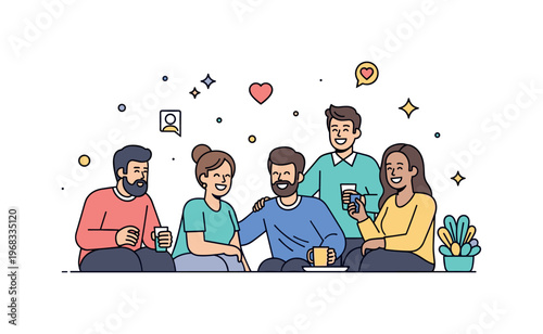 Group of friends outdoor hangout scene where people laugh and chat together while small sparkle and heart icons emphasize connection, joy, and camaraderie. The