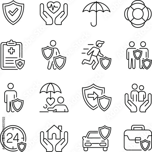 Black and white line of various security and protection concepts line black and white shield