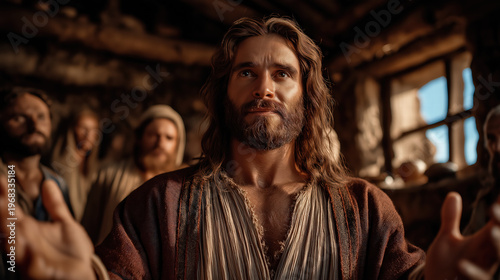 Resurrected Jesus Christ appearing to His disciples inside a humble house, bringing peace, wonder, and the first joyful moments after the resurrection