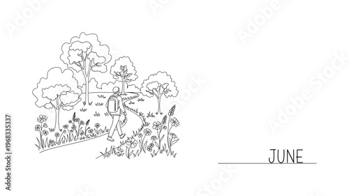 Nature Walk in June. Minimalistic one-line drawing person walking on trail surrounded by wildflowers and trees, continuous single black line on white