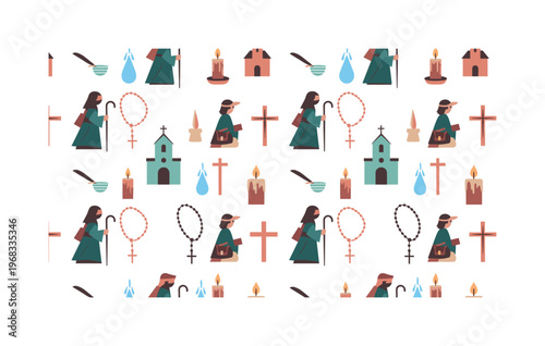 holy motifs seamless pattern, repeating pattern, surface design, textile print, modern illustration of pilgrims, rosaries, crosses, churches, walking sticks,