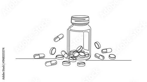 Medical Treatment. Minimalistic one-line drawing pill bottle with scattered capsules and tablets, continuous single black line on white background, simple