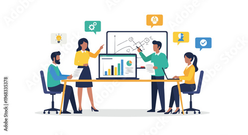 Diverse team collaborates on a business strategy presentation with data visualization and brainstorming elements, fostering innovation and growth.