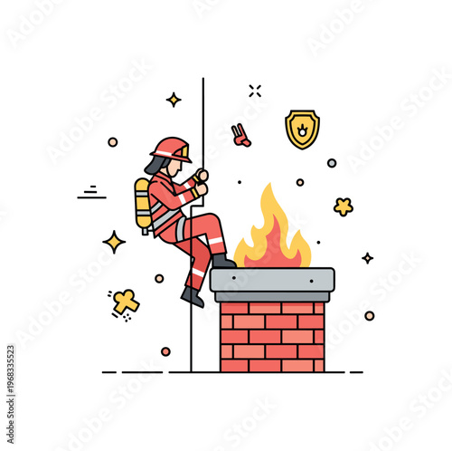 Chimney descent rescue operation concept where a firefighter or emergency responder descends a chimney while tiny sparkle and star icons highlight caution,