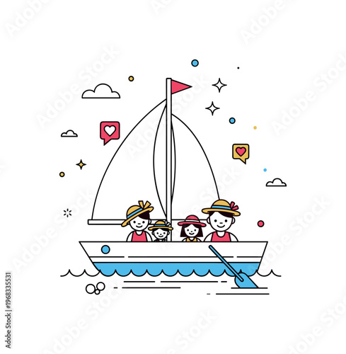 Sailing boat family outing scene where a small boat carries a family with sun hats while tiny sparkle and heart icons highlight togetherness, leisure, and