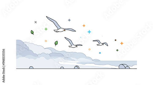 Seagulls early morning fog scene where birds fly low over misty shores while tiny sparkle and leaf icons highlight atmospheric beauty, coastal serenity, and