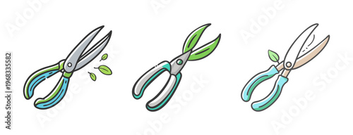 Three cartoon pairs of garden shears and pruning scissors with leaves.