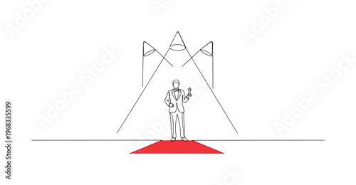 Star of Hollywood. Minimalistic one-line drawing actor or actress posing under spotlights with red carpet, continuous single black line on white background,