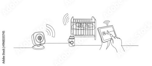 Parenting Tech Concept. Minimalistic one-line drawing smart sensors, monitor, and parent tablet interaction, continuous single black line on white background,