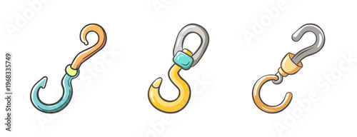 Obraz na płótnie Collection of three cartoon swivel and lifting hooks with different designs