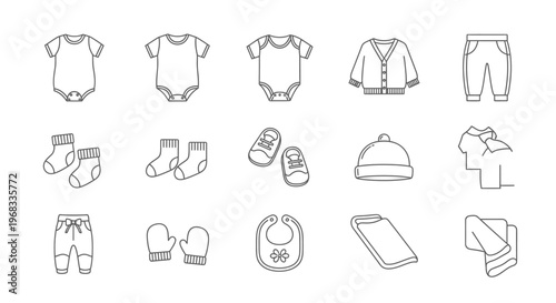 Baby clothes and accessories line icons.