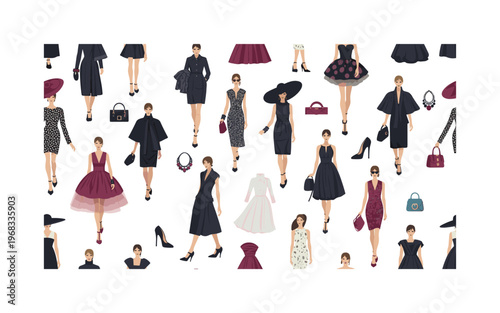 fashion ensemble seamless pattern, repeating pattern, surface design, textile print, modern illustration of models in high-fashion outfits, runway shoes,