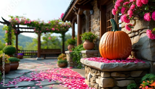 A vibrant pumpkin sits on a stone pedestal amidst pink flower petals on a pathway leading to a house with a floral archway in a scenic garden landscape.