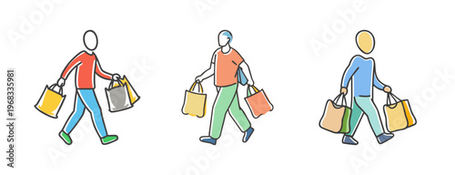 Tableau sur toile Three diverse people walking with colorful shopping bags, representing consumerism and errands