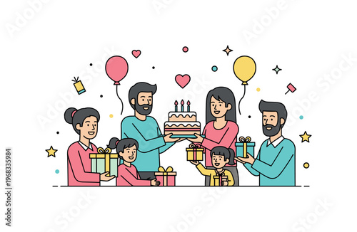 Family gathering birthday celebration concept where family members present cake and gifts while tiny sparkle and star icons highlight happiness, love, and