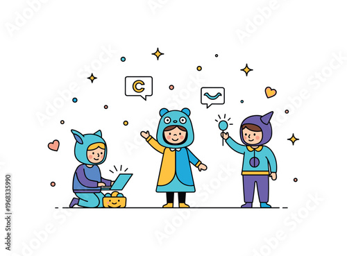 Kids in costumes imaginative roleplay concept where children act out stories in vibrant costumes while tiny sparkle and heart icons highlight creativity,