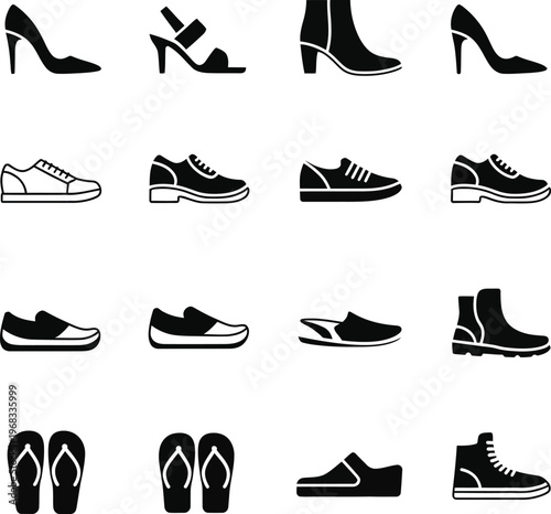 Black and white of various types of shoes silhouettes footwear