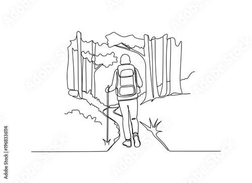 Hiking in Woods. Minimalistic one-line drawing person trekking forest trail with backpack, continuous single black line on white background, simple outline