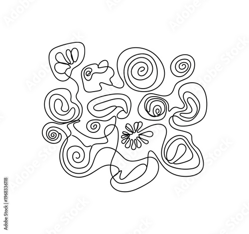 Vivid Art Concept. Minimalistic one-line drawing overlapping abstract shapes and swirls implying color richness, continuous single black line on