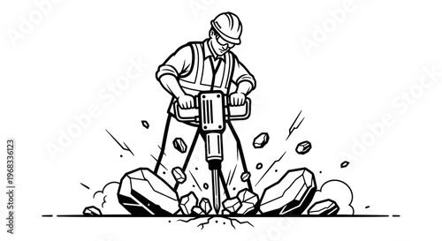Man operating jackhammer on ground surface.