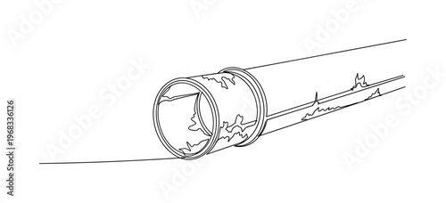 Rusty Pipeline. Minimalistic one-line drawing metal pipe with visible rust patches and worn areas, continuous single black line on white background, simple