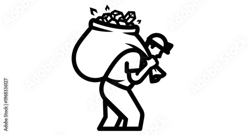 Man carrying heavy sack on back.