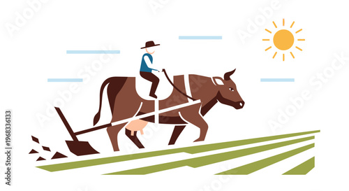 Man riding horse with plow equipment.