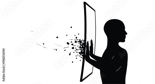 Silhouette of person touching screen with particles exploding