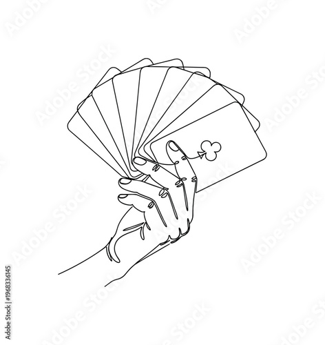 Card Games. Minimalistic one-line drawing hand holding playing cards fanned out, continuous single black line on white background, simple outline style, no