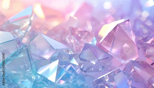 A close-up view of numerous sparkling crystals in pastel hues scattered across a surface.