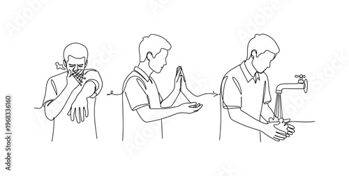 Infection Control. Minimalistic one-line drawing sequence of sneezing, hand touch, and washing hands to prevent germ spread, continuous single black line on